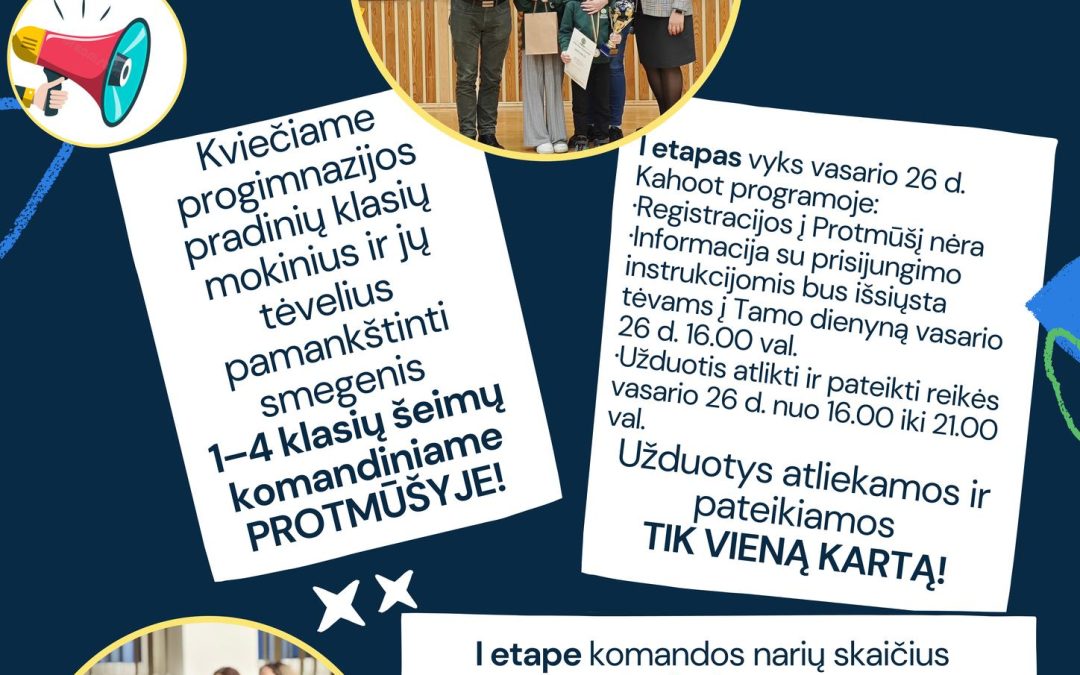 Kviečiame dalyvauti 1–4 klasių šeimų komandiniame protmūšyje